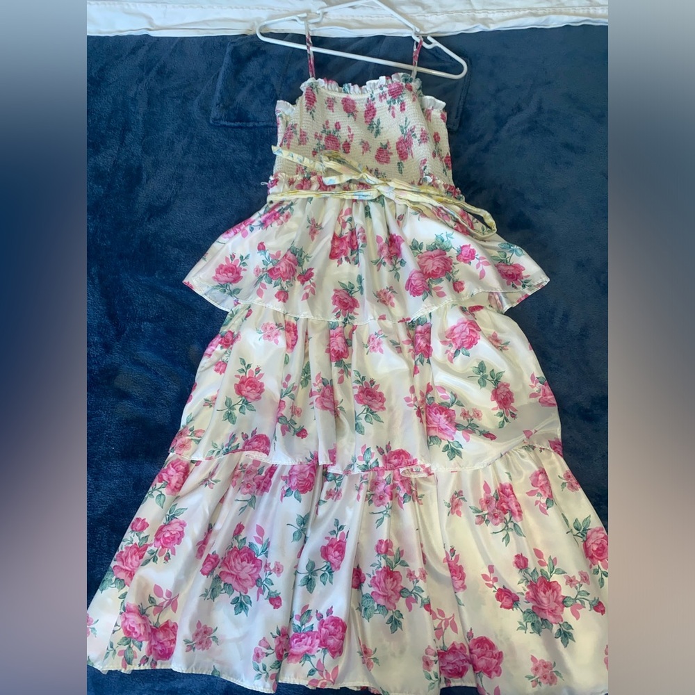LoveShackFancy Floral Tiered Dress with Pink Roses